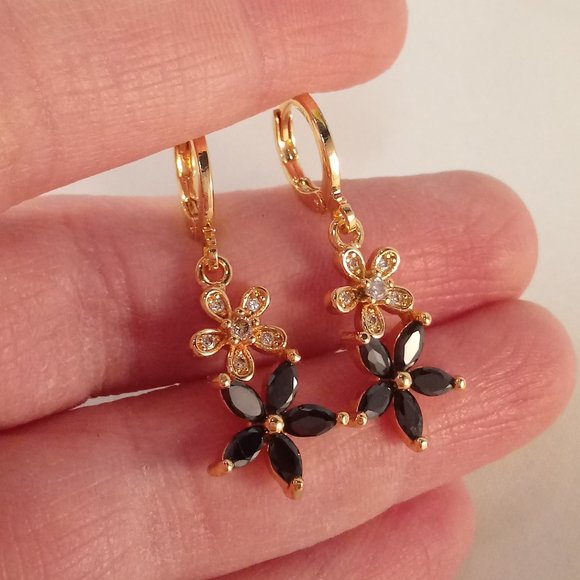 18K Yellow Gold Filled Black Onyx Diamond Zircon Layered Flower Dangle Earrings - Picture 4 of 5